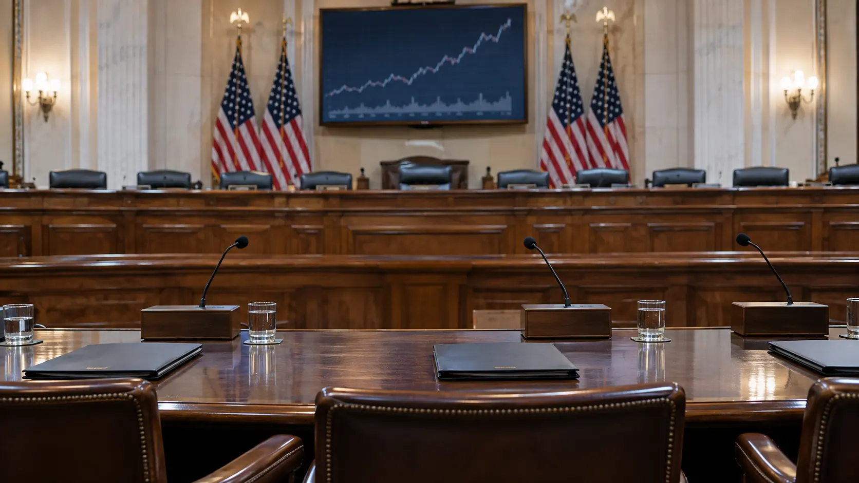 Clearly labelled editorial illustration of a hearing room