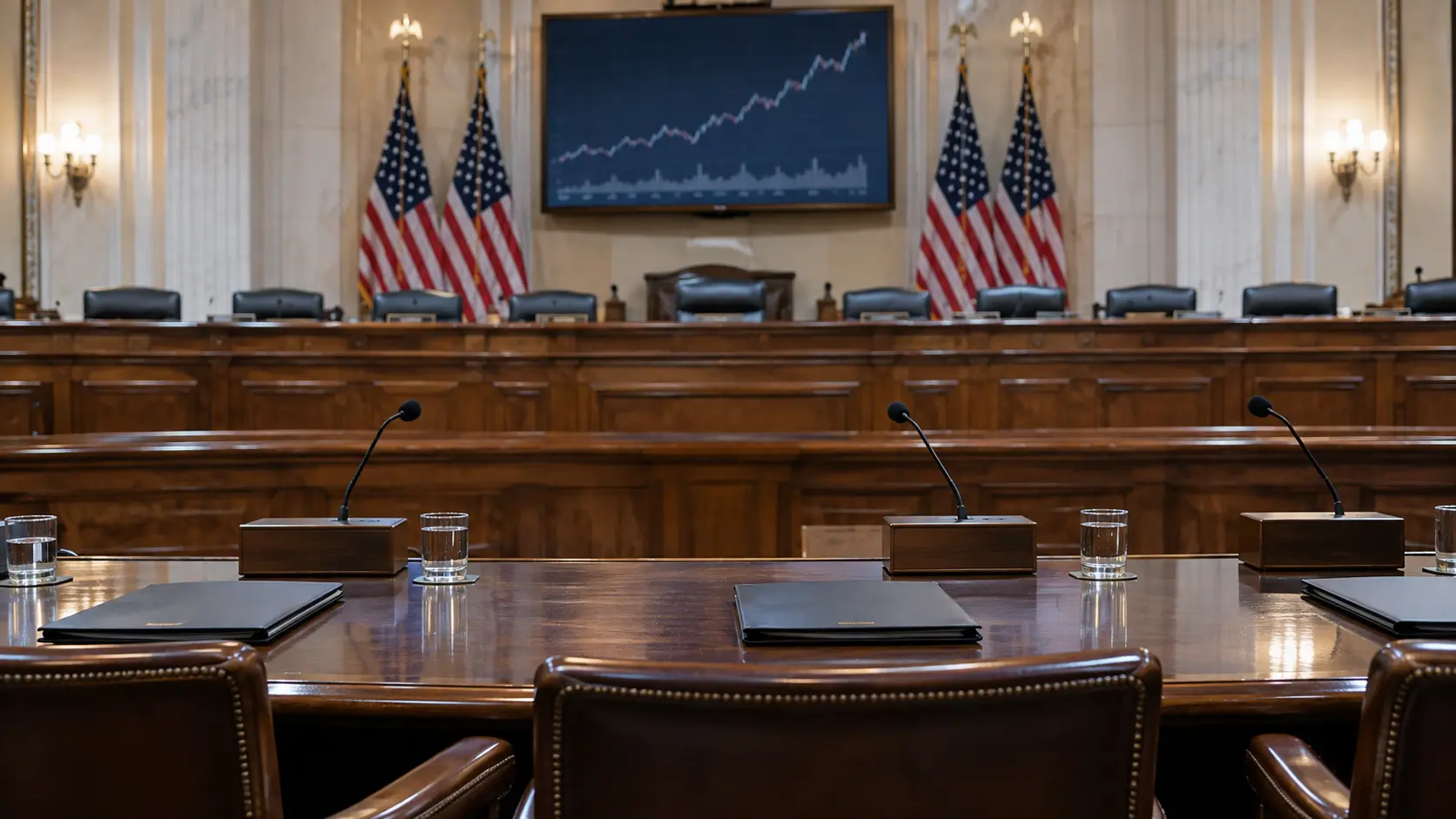 Editorial illustration of an empty congressional committee hearing room