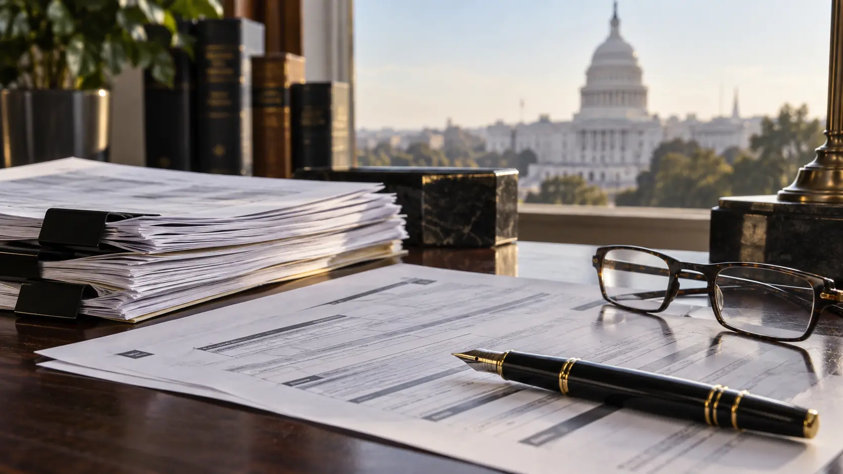 Editorial illustration of anonymized financial disclosure forms on a desk